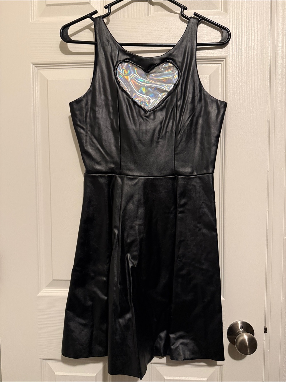 Black Faux-Leather Mini Dress with Holographic Heart